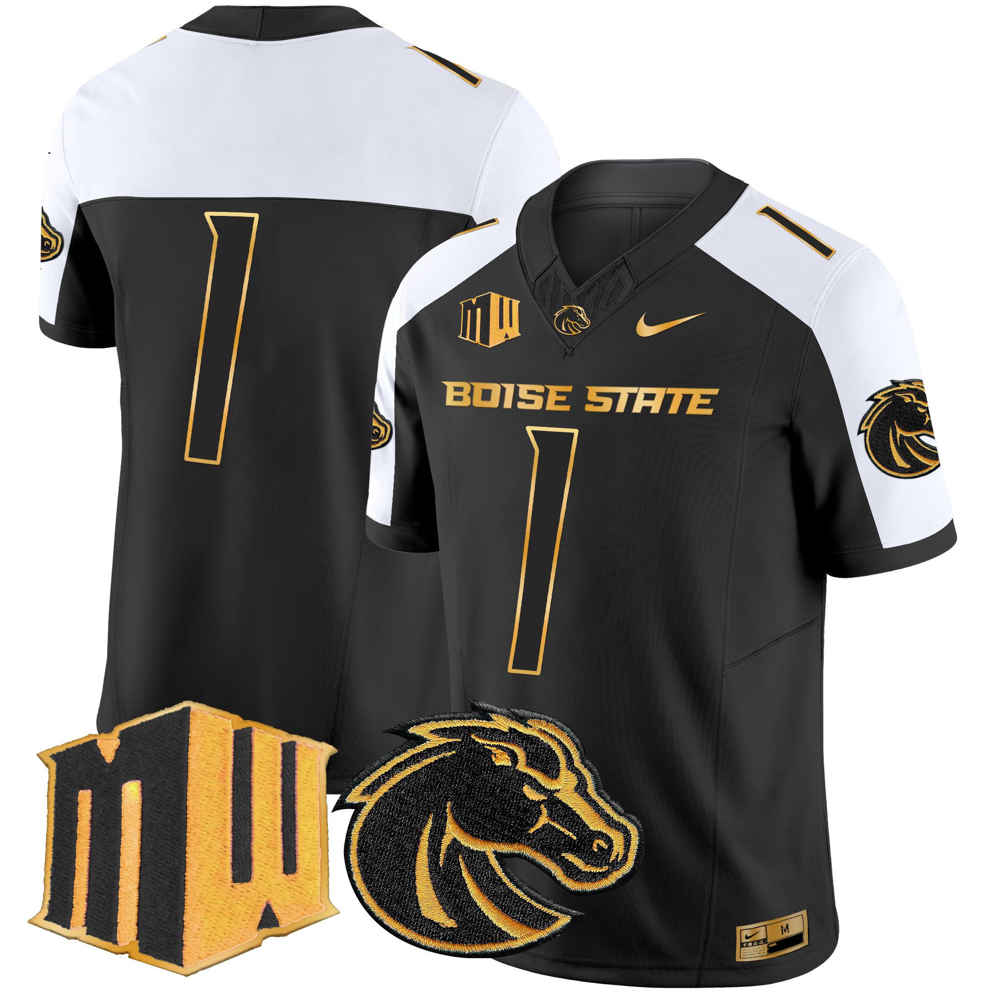 Men Boise State Broncos #1 No Name Black Nike 2024 Gold Vapor Limited NCAA Jersey style 2